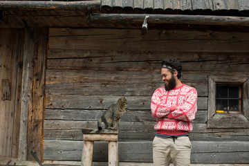 portrait of man and cat