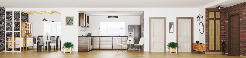 Fototapeta na wymiar Modern apartment interior panorama 3d render