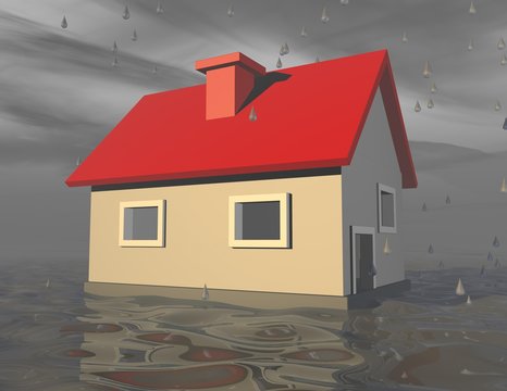 3d Simple House With Foundation Under Water.