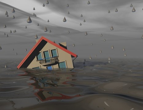 Heavy rain and flood concept with house under water.
