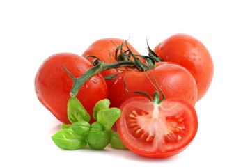 Tomato. Tomato vegetables isolated on white background . Fresh tomatoes, tomato fruit. Tomatoes with basil. Red tomato.