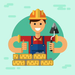 Vector flat style illustration of smiling construction builder or worker in hardhat with spatula, brick wall and thumbs-up.