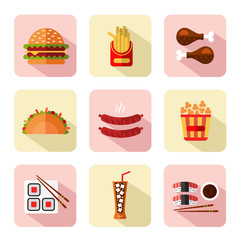 Big vector flat style icons set of fast food, junk food with long shadow. Tacos, chicken legs, popcorn, cheeseburger or hamburger, soda, hot sausage, french fries and sushi.