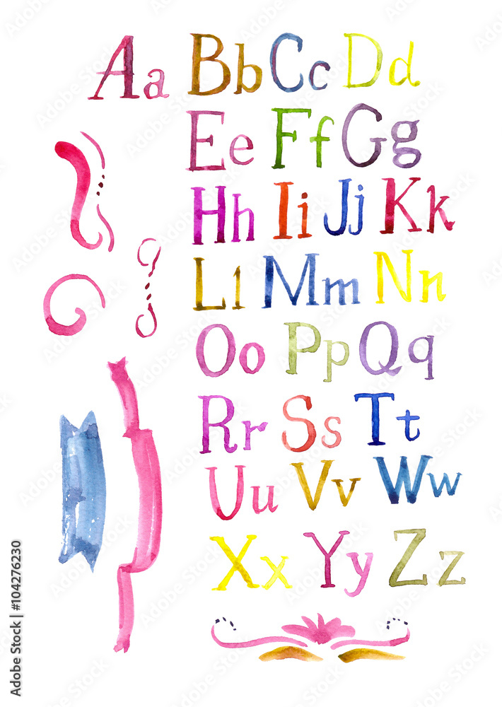 Wall mural hand drawn colorful watercolor alphabet calligraphic font. watercolor letters.