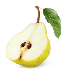 Half of yellow pear fruit with leaf isolated on white background © Roman Samokhin