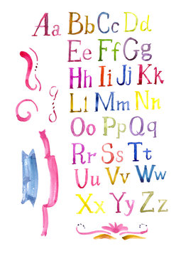 Hand drawn colorful watercolor alphabet calligraphic font. Watercolor letters.