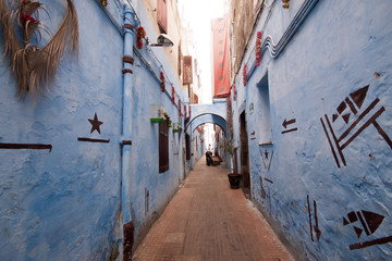 Blue narrow streets of the medina of Asilah in northern Morocco