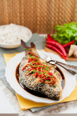Asian Style Baked Fish With Chili, Ginger and Soy Sauce Dressing