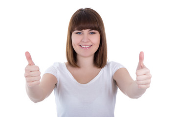 young beautiful plus size woman thumbs up isolated on white