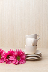 Coffee cups collection on wooden background