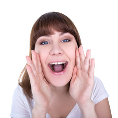 portrait of young beautiful woman loud screaming or calling out