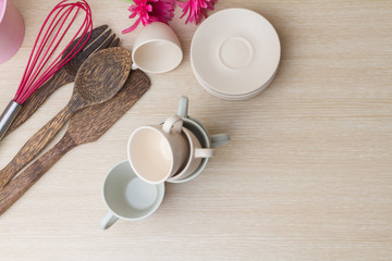 Coffee cups collection on wooden background