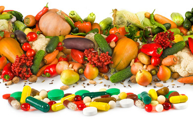 image of different fruits and pills closeup