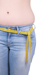 close up of overweight woman's belly and measure tape isolated o