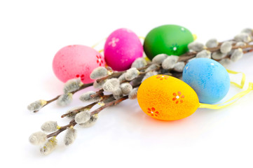 Colorful easter eggs and branches of willow on white background