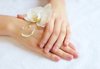 Beautiful woman hands with cream. Skincare concept