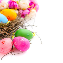 Fototapeta na wymiar Colorful easter eggs in nest on a white background