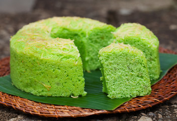 Pandan chiffon cake Traditional Indonesian desert Stone background