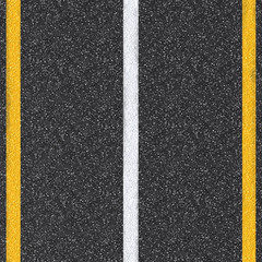 3d rendered asphalt road top view with white and  yellow lines