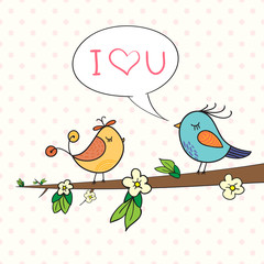 Cute bird couple on blossom branch. Doodle vector illustration