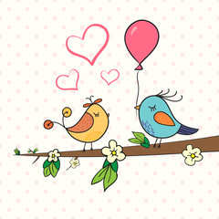 Cute bird couple on blossom branch. Doodle vector illustration