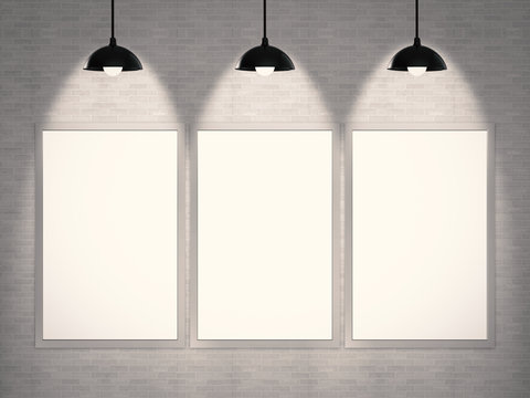 three blank frames with hanging lamps