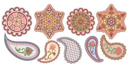 Isolated floral design elements in ethnic Oriental style.