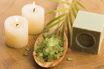 sea salt , soap and candles for spa