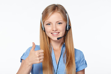 Woman support phone operator in headset