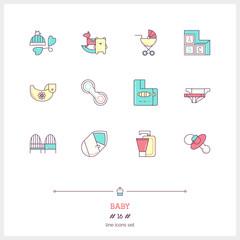 Line icon set of baby shop objects and tools elements. Baby game
