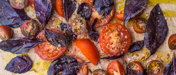 Tomatoes with salt and red basil wide screen