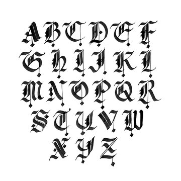 Hand drawn gothic ink pen font. Capital black letters on white background.