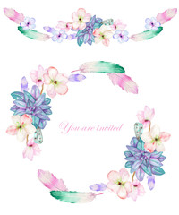 A frame, wreath and frame border (garland) for a text with the watercolor flowers, feathers and succulents, hand-drawn on a white background, a greeting card, a decoration postcard, wedding invitation