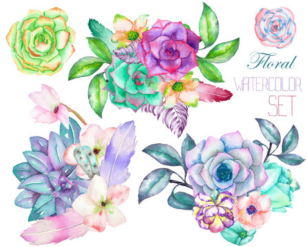 A decorative bouquets with the watercolor floral elements: succulents, flowers, leaves and branches, on a white background, for a greeting card, a decoration of a wedding invitation