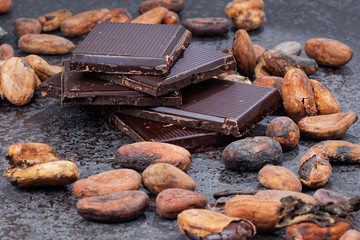 Chocolate pieces with cocoa beans on a stone table