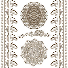Vector set of hand drawn decorative elements in ethnic indian style. Collection of pattern brushes inside