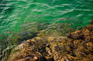 Rocky seabed with emerald seawater. Polignano a Mare, Italy