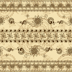 Vector seamless texture with floral ornament in indian style. Mehndi ornamental striped pattern