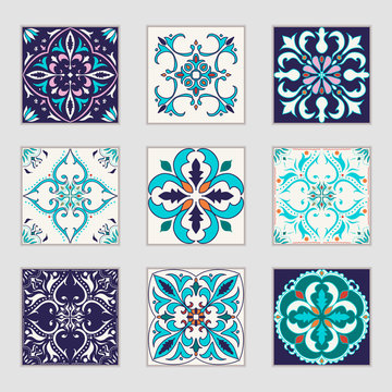 Set of vector Portuguese tiles. Beautiful colored patterns for design and fashion with decorative elements