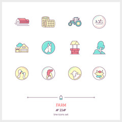 Color line icon set of farm objects and tools elements. Farm log