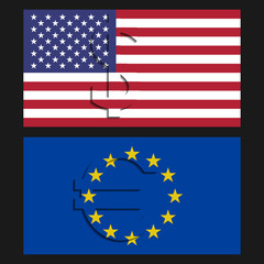 Dollar and euro creative flags with symbols of currencies