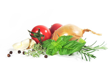 Ingredients for cooking, isolated on white. Tomato, onion and herbs.