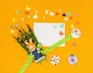 Blank, greeting easter card with easter eggs, bunny and green gr