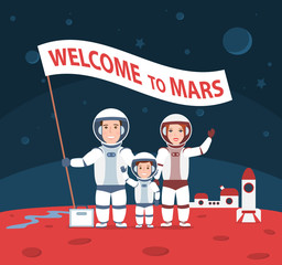astronauts man woman and child on mars.exploration of mars. welcome to mars concept illustration. family on mars.colonization of mars.