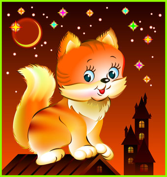 Illustration of little kitten sitting on roof, vector cartoon image.