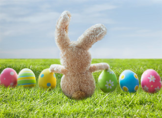 close up of colored easter eggs and bunny on grass