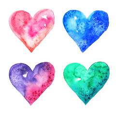 Set of multicolored watercolor hearts on white isolated background