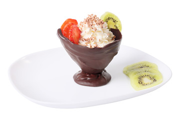 Dessert in chocolate cup