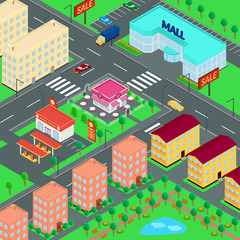 vector illustration. City. Mall, houses, cafes, petrol station, truck, car, Parking, Park. isometric