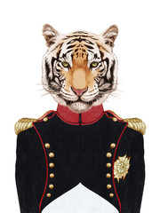 Portrait of Tiger in military uniform. Hand-drawn illustration, digitally colored.